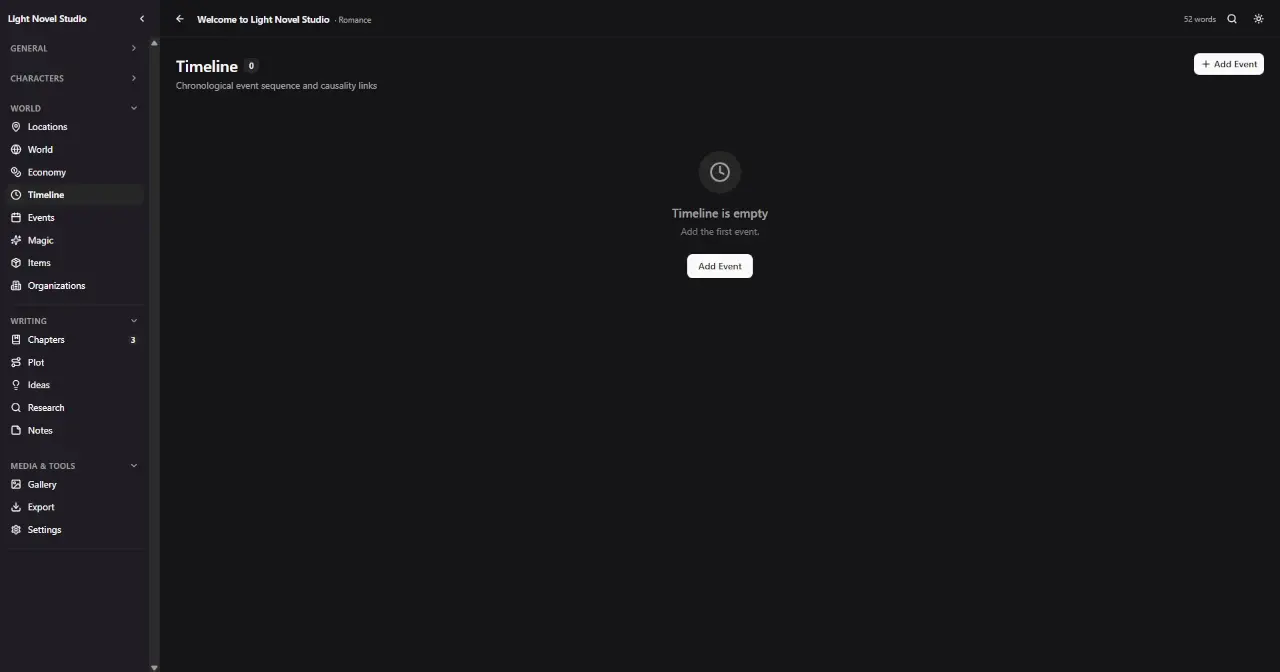 The Timeline page of Light Novel Studio before the first event is added