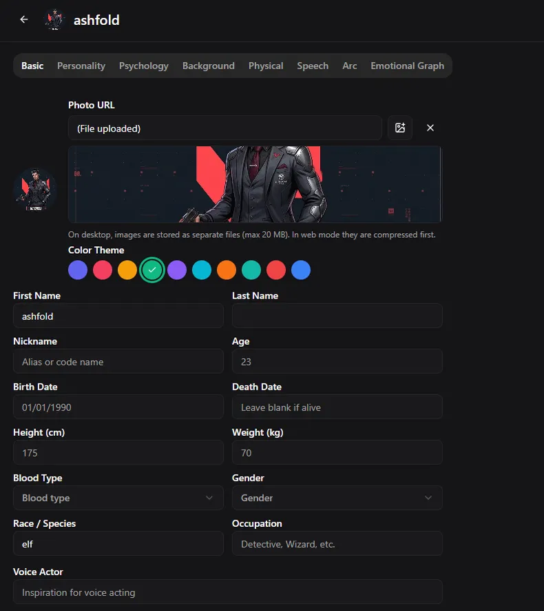 Character basic information tab