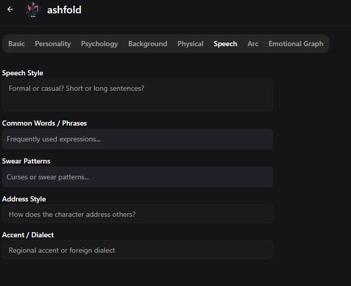 Character speech tab